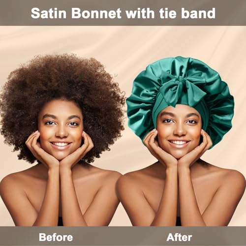 2Pcs Silk Hair Satin Bonnet for Sleeping Women,Large Satin Sleep Bonnets for Women with Elastic Tie Band Silk Hair Wrap with Ajustable Straps,Night Sleep Cap for Curly Braids,Black+Green - Image 3