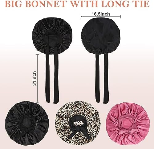 3Pcs Bonnets for Sleeping, Extra Satin Silk Bonnet for Sleeping Women with Tie Band for Curly Hair Jumbo Bonnet Braids - Image 6
