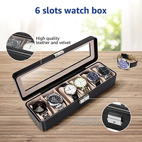 Watch-Box Organizer for Men and Women: Watch-Case Holder 6-Slot Watch Box Pu-Leather Watch-Display with Glass Window and Lock Black - Image 2