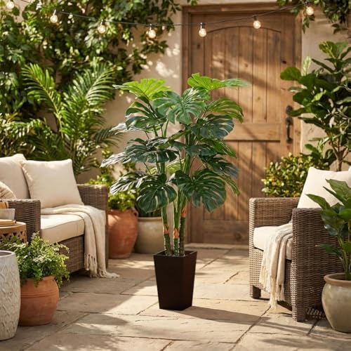 Aveyas 4ft Tall Artificial Monstera Deliciosa Plants, 4 ft Faux Swiss Cheese Plants Fake Silk Tree with Pot for Indoor Outdoor Office House Living Room Home Decor (4 Feet Tall Including Raised Pot) - Image 6