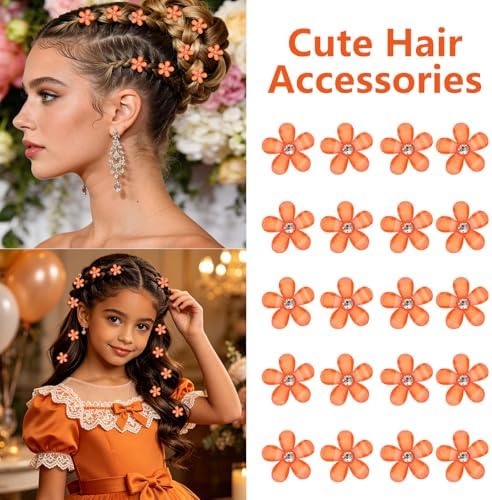 YISSION 20Pcs Mini Orange Plaid Flower Hair Clips, Rhinestone Decorative Hair Pins for Women and Girls Wedding Bridal Prom Daily Hairstyle Accessories - Image 3