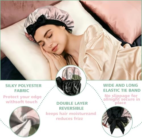Satin Hair Braid Bonnet for Sleeping Double Layer Tie Band Elastic Wide Soft Silk Lined Nightcap Women Girls Cute - Image 3
