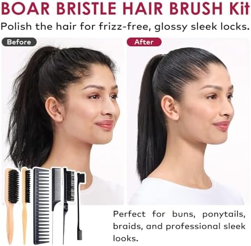 Slick Back Hair Teasing Boar Bristle Brush Set for Flyaways, Edge Hair Brushes, Volume Comb, Rat Tail Comb, Wide Tooth for Girls, Kids, Women & Men - Image 4
