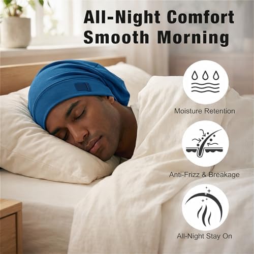 2PCS Silk Bonnet for Sleeping for Hair, Satin Lined Sleep Cap for Women Men, Adjustable Beanie Hair Wrap (05 Black/Navy Blue) - Image 2