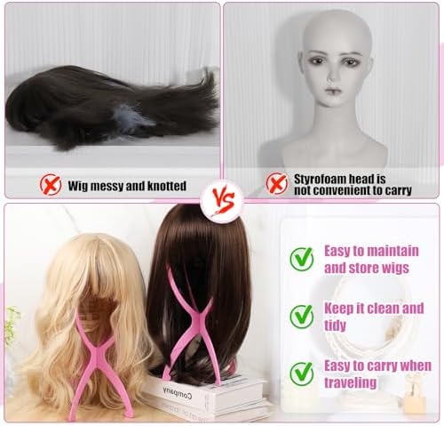 obeoby Pink Wig Stand, Portable Wig Holder For Travel, 13.8 Inch 2 Pack - Image 5