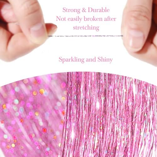 Hair Tinsel 8 Packs 1600 Strands 50 Inch Tinsel Hair Extensions Light Rose Red Heat Resistant Glitter Sparkling Shinny Fairy Hair Accessories for Women(Light Rose Red, 50Inch) - Image 3