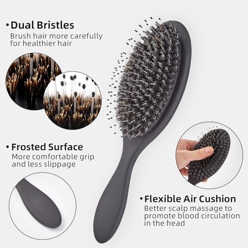 Boar Bristles Hair Brush for Women and Men, Detangling Hair Brush for Smoothing Massage Add Shine, Nylon&Boar Bristles Detangler brush for Hair Healthy (1 Pack-Black) - Image 5