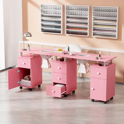 OmySalon Double Manicure Table w/Dust Collector, Nail Table Station for Nail Tech, Makeup Desk w/Wheels Arm Rest Drawers Cabinet Storage, for Beauty Spa Salon, Acetone Resistant (Pink) - Image 7