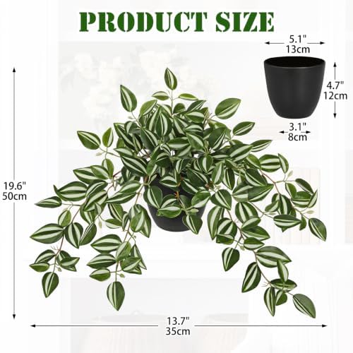 Briful Artificial Potted Plant Indoor, 19.6" Faux Watermelon Peperomia Trailing Plant in Black Pot, Realistic Fake Plants with Cascading Green Leaves for Cabinet Shelf Bathroom Office Desk Home Decor - Image 2