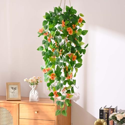 BLEUM CADE Artificial Hanging Flowers for Outdoors, 2pcs Fake Hanging Plants Pothos Vines with Orange Flowers for Wall Home Living Room Indoor Outdoor Fall Decor (No Baskets) - Image 3
