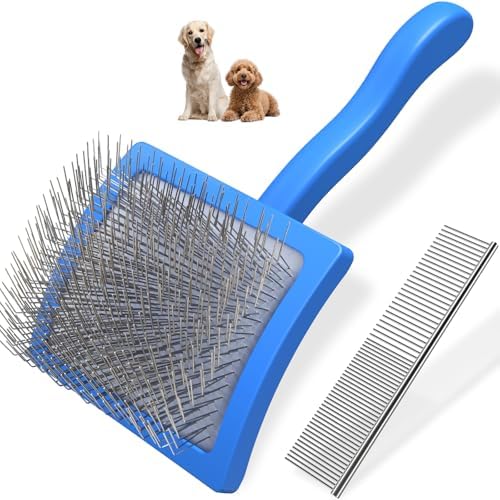 2PCS Slicker Brush for Dogs & Pet Comb,Professional Dog Grooming Brush (Goldendoodles,Poodles,Labradoodles) with Extra Long Pins to Effectively Remove Tangles, Knots and Mats (Blue, Large) by Unknown
