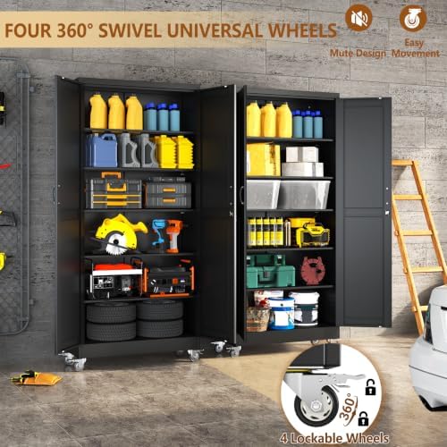74" Metal Garage Storage Locker Cabinet with Wheels,Rolling Black Lockable Tool Cabinet with 2 Doors and 5 Adjustable Shelves, Steel Office File Cabinet for Home Office Warehouse Gym - Image 6