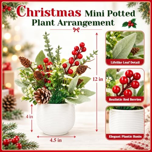 Der Rose Christmas Centerpiece for Tables, Small Fake Plants in White Pot - Image 3