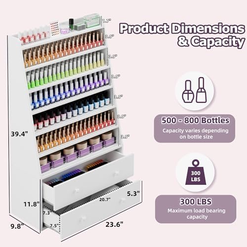 Nail Polish Rack with 2 Drawers, Holds 700+ Bottles (White) - Image 2