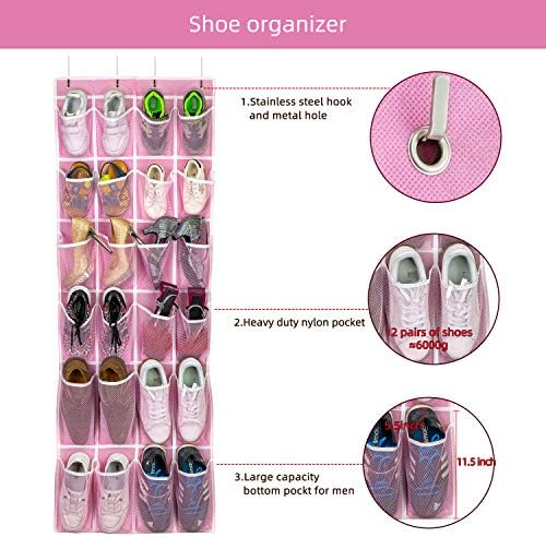 SAVERHO 2 Pack Hanging Shoe Organizer, Over Door Shoe Organizer with 24 Mesh Large Pockets Shoe Storage Bag for Closet Entryway Dorm, Space Saving Hanging Door Shoe Rack Organizer (Pink-2pack) - Image 6