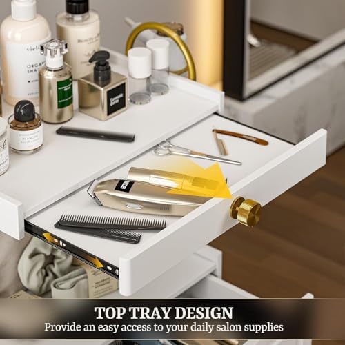 Barber Salon Trolley Cart w/Lockable Wheels, 3-Tier Rolling Beauty Cart with 2 Drawers & Dryer Holder, Mobile Beauty Trolley for Beauty Spa Barbershop(White-New) - Image 4