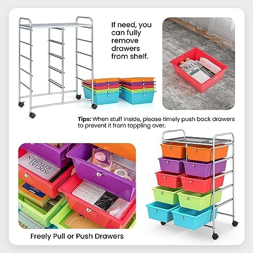 Giantex 10 Drawers Rolling Cart, Classroom Organizers, Storage Cart with Wheels, for Teacher Office Home School Supplies Tool Craft Art Paper, Rainbow Color - Image 5
