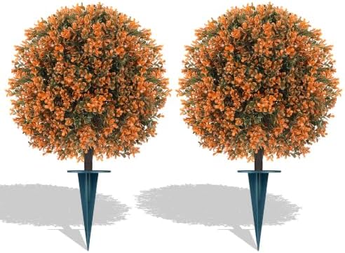 Artificial Boxwood Topiary Ball Trees with Ground Spike, Fall UV-Resistant Fake Shrubs Plants Trees for Outdoors Decor, 2 Pack Artificial Bushes for Home Front Door Offices by FEELTHENEWWORLD