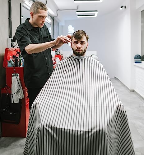 Professional Hair Cutting Cape with Neck Duster Brush, Large Size Salon Barber Cape for Men, Women and Kids(White with Five-line Stripe) - Image 2