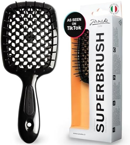 Janeke Superbrush Detangling Brush for Soft Smoothing Hair Brushing with Anti-Static Bristles - Vented Wet Hair Brush for Blow Drying Use - Perfect for Curly, Thick, Wavy, Fine Hair Types (Black) by Janeke