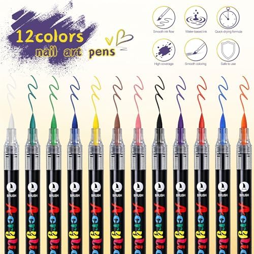 Artdone 12 Colors Nail Art Pens Set, 3D Quick-Drying Acrylic Paint Markers Nail Point Graffiti Dotting Drawing Liner Brush for DIY Gel Nail Polish Design Manicure Tools - Image 4