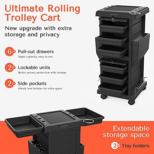 TASALON Lockable 6-Tray Salon Rolling Cart with 2 Holders, Black - Image 2