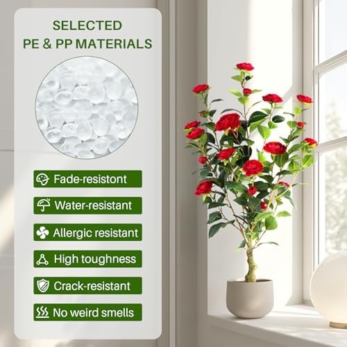 Artificial Camellia Tree 2 Pack, 3FT Faux Camellia Plant in Pot, 36 inch Fake Potted Camellia Flower Tree Plastic Camellia Tree for Modern Home Office Christmas Living Room Floor Decor Indoor, Red - Image 4