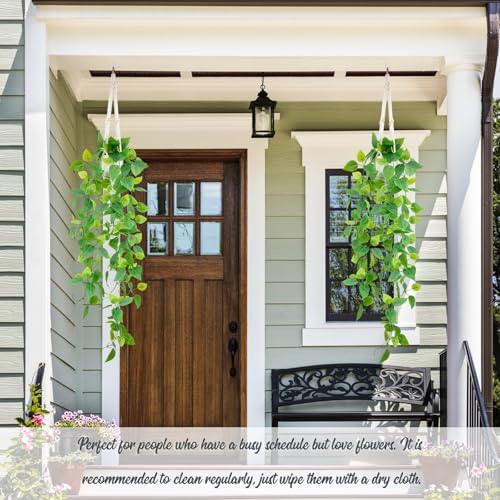 LOYWREE 2 Pack Artificial Hanging Plant Kit with Pot and Hanger - 39" Long Fake Pothos Vines - Hanging Potted Faux Plant Indoor for Wall Ceiling Bedroom Bathroom Living Room Home Decor (White Pot) - Image 6