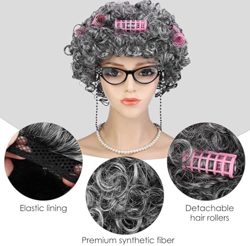 AOTHSO 6 Pieces Old Lady Wig Costume Set Grandma Wig with Cap Cane Pearl Necklace Bracelet for 100 Days of School Halloween - Image 3
