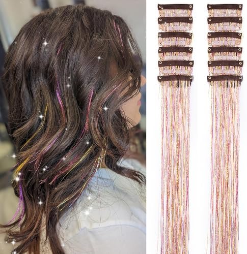 Gold Hair Tinsel Pack of 12 Pcs Glitter Hair Accessories 20 Inch Clip in Hair Tinsel Extensions Fairy Hair Accessories Party Kit for Women Girls(12Pcs,Gold Pink#) by Umylar