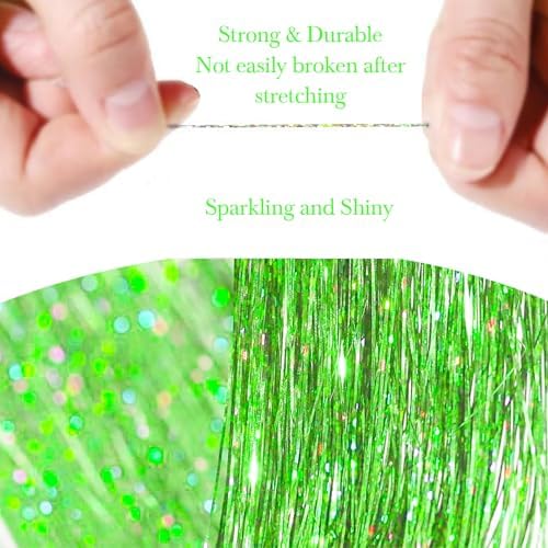 Hair Tinsel 8 Packs 1600 Strands 50 Inch Tinsel Hair Extensions Light Grass Green Heat Resistant Glitter Sparkling Shinny Fairy Hair Accessories for Women(Light Grass Green, 50Inch) - Image 3