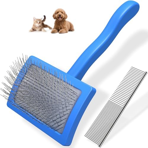 2PCS Slicker Brush for Dogs & Pet Comb,Professional Dog Grooming Brush (Goldendoodles,Poodles,Labradoodles) with Extra Long Pins to Effectively Remove Tangles, Knots and Mats (Blue, Medium) by Unknown