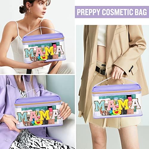 Chenille Letter Clear Makeup Bags Mama Pouch, Preppy Patch Makeup Bag Zipper with Handle, Transparent PVC & Nylon Waterproof Glitter Cosmetic Handbag Travel Toiletry Storage for Women(MAMA-Purple) - Image 4