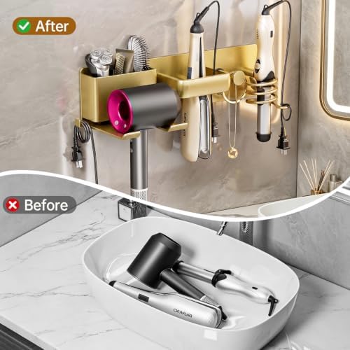 5 in 1 Hair Dryer Holder Hair Tool Organizer Metal Wall Mount (Gold) - Image 5