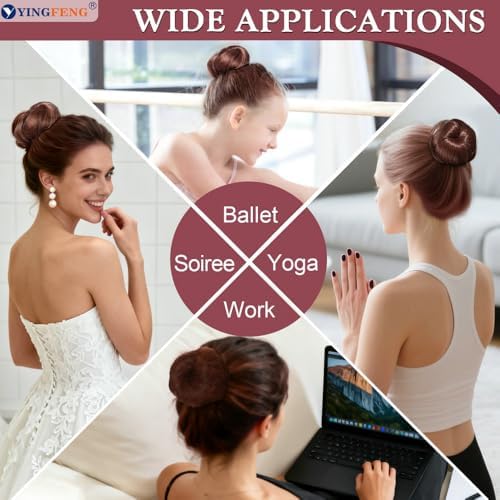YINGFENG 134 Pcs Brown Hair Bun Maker Kit Medium - 4 Bun Hair Pieces for Women, 20 Hair Net for Buns, 100 Bobby Pins for Women, 10 Hair Bands, for Ballet Styling, Hair Accessories for Girls - Image 2