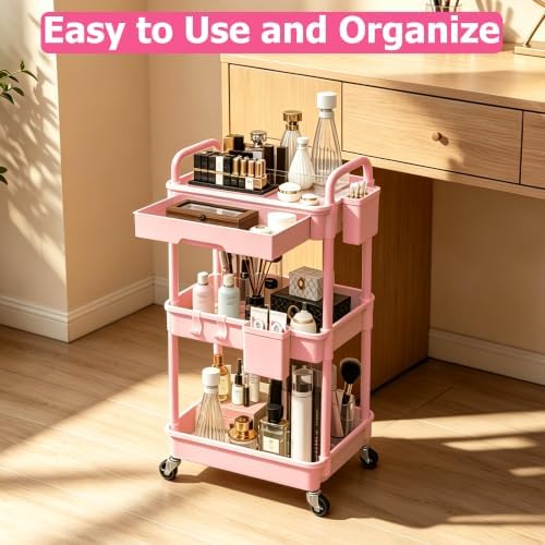 REBECAT 3 Tier Rolling Makeup Cart Cosmetic Display Organizer with Drawer - Image 4