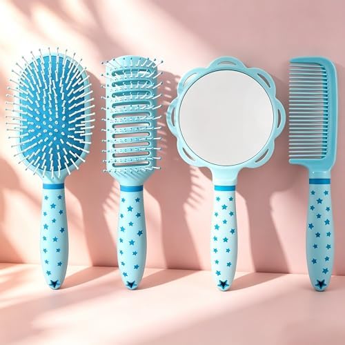 4 Pieces Hair Brush Set Detangling Hair Brush Hair Comb Set For Women Girls Gifts Cute Shaped Hair Combs Hair Brushes Handheld Mirror Sets Massage HairBrush with Air Cushion For Wet Dry Hair (Blue) by Lyaiwever