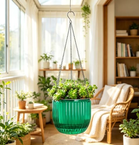 Melphoe 2 Pack Self Watering Hanging Planters Indoor Flower Pots, 5.3/8.3 Inch Outdoor Hanging Basket, Plant Hanger with 3Hooks Drainage Holes for Garden Home (Emerald) - Image 3