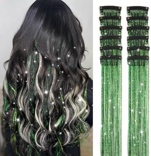 Green Hair Tinsel 12Pcs 20.5 Inch Clip in Tinsel Hair Accessories Extensions Heat Resistant Fairy Hair Tinsel Kit for Women Girls Glitter Hair Extensions for Christmas (12Pcs, Fruit green) by Ubeleco