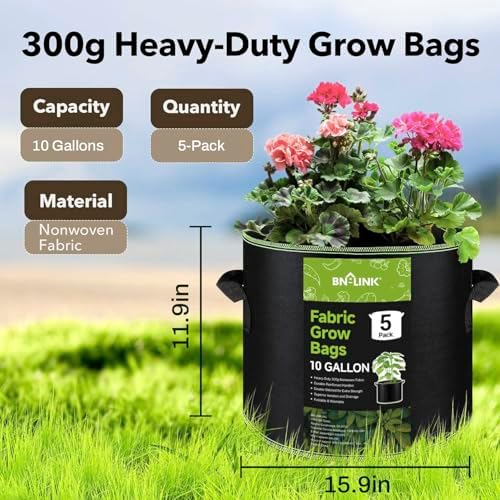 BN-LINK 5-Pack 10 Gallon Grow Bags, Heavy Duty Aeration Fabric Pots with Handles, Thickened Nonwoven Plant Bags for Vegetables, Flowers, Fruits - Image 4