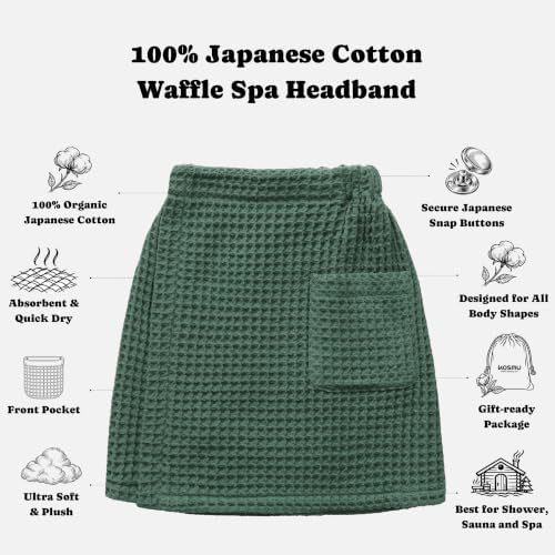 Luxury Organic Japanese Cotton Waffle Body Towel Wrap for Men | Sauna, Spa, Onsen, Shower Towel with Adjustable Snap Closure and Pocket | Ultra Plush 450 GSM (Forest Green, S/M) - Image 2