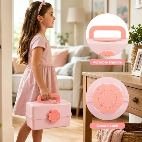 Hair Accessories Organizer for Girls, Portable 3-Layer Folding Storage Box with Handle, Organizer for Hair Clips, Bows, Headbands & Hair Ties, 11.4 x 6.3 x 6.3 Inch - Image 5