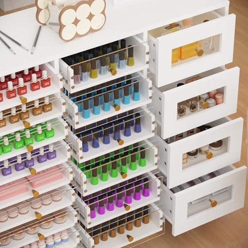 WOODTIME 47.2" W Manicure Storage Display Cabinet with Acrylic Fronts and 19 Drawers, Nail Polish Makeup Skincare Cabinet with Shelves for Beauty Salon, White - Image 5