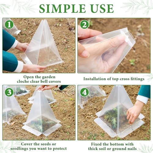 Reusable Plastic Garden Cloches, 7.8" x 11" Mini Greenhouse, 1.2mm Thick Clear Bell Covers with Metal Stakes Against Sun, Frost, Snails, Plant Protector (50pcs-Clear) - Image 5