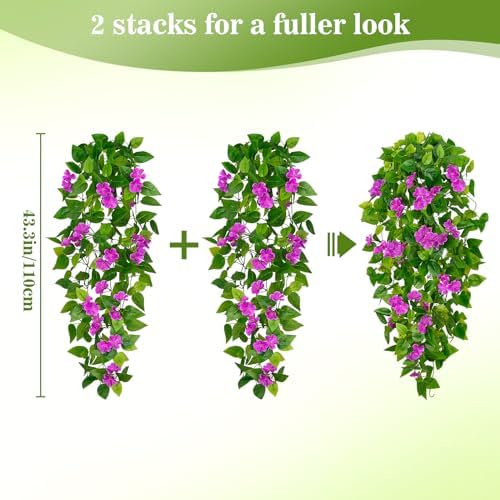 BLEUM CADE Artificial Hanging Flowers for Outdoors, 2pcs Fake Hanging Plants Pothos Vines with Purple Flowers for Wall Home Living Room Indoor Outdoor Decor (No Baskets) - Image 2
