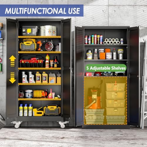 75" Metal Garage Storage Cabinet with Wheels and Locking Doors and Tall Rolling Steel Tool Cabinet with 5 Adjustable Shelves for Garage,Home,Office,Shop (Black, 75''H x 32''W x16''D) - Image 5
