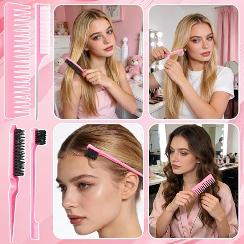 6 Pcs Boar Bristle Slick Back Hair Brush with Pink Edge Brush, Rat Tail Comb and Wide Tooth Comb for Women Men - Image 4