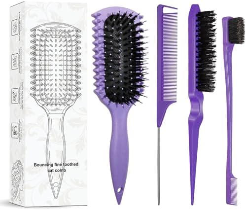 Curl Defining Brush with 3 Pcs Slick Back Hair Set Bristle Edge Control Teasing Comb, For Combing and Shaping in All Hairstyles to Reduce Pulling (Purple) by Unknown