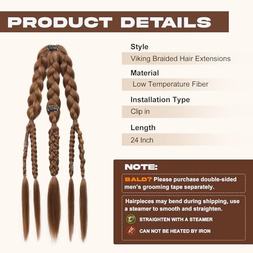 NTYNTY Viking Hair Extensions for Men – 24" Handcrafted Clip In Braided Ponytail Hairpiece for Halloween Viking Costume Renaissance Warrior Accessories - Warm Brown with Highlights - Image 3