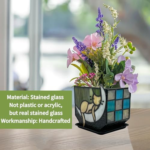 Tiffany Stained Glass Fun Moon Sleeping Cat Planter，Cactus Planter，Cute Planters for Indoor Plants,Decorative Flower Pots As Gifts for Cat Lovers，4.6x3x5.15 in - Image 6